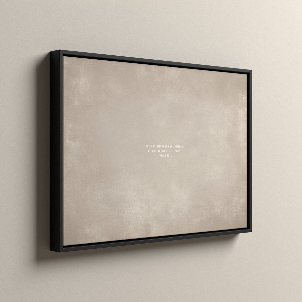 Cashmere Scripture canvas in a black floating frame, side view