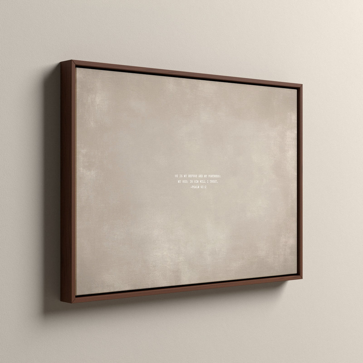 Cashmere Scripture canvas in an espresso floating frame, side view