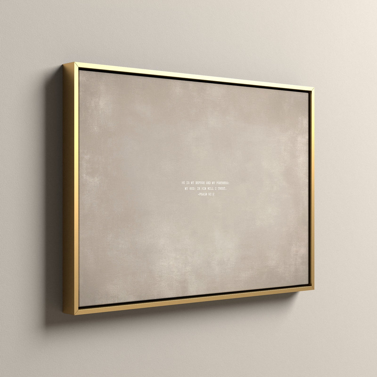 Cashmere Scripture canvas in a gold floating frame, side view