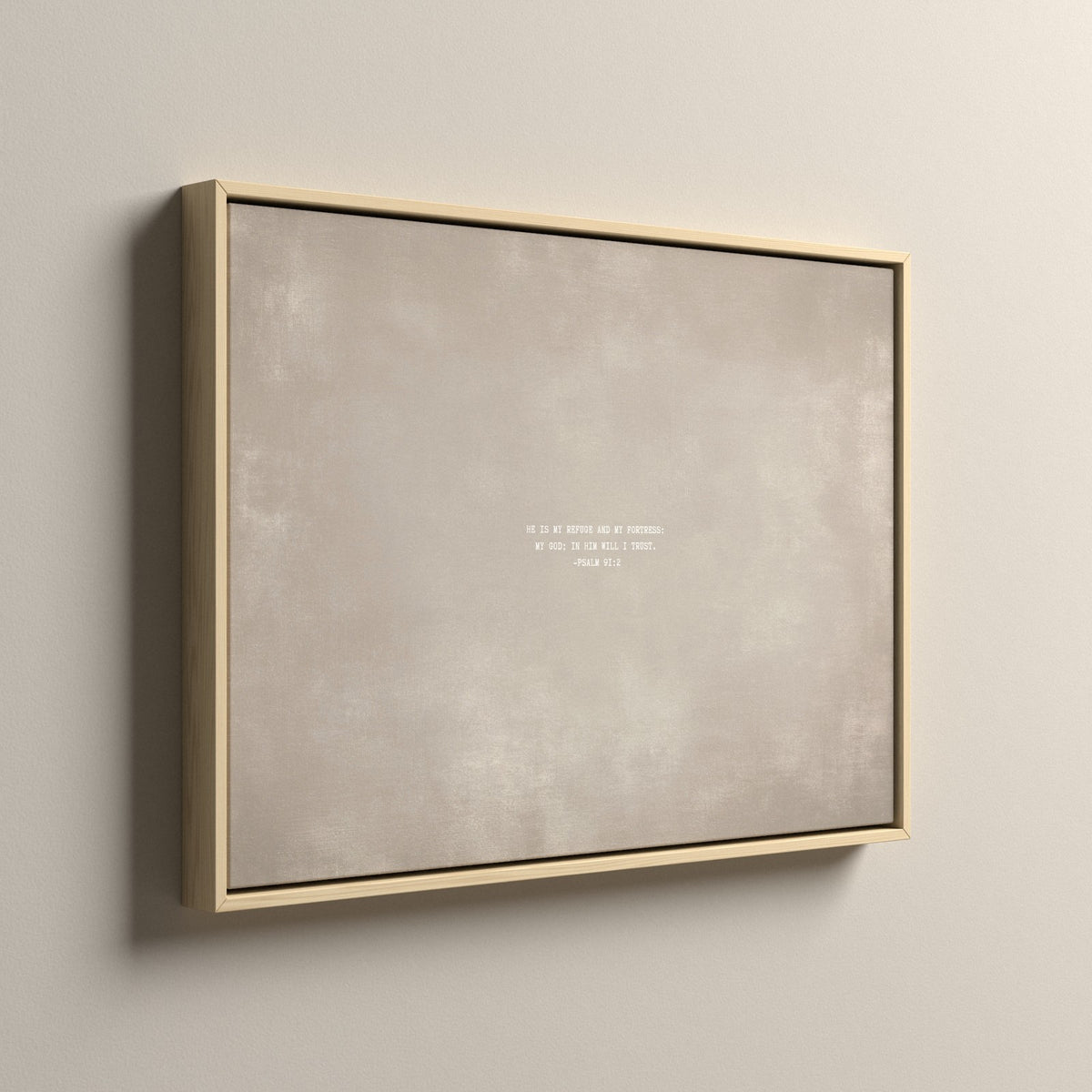 Cashmere Scripture canvas in a natural floating frame, side view