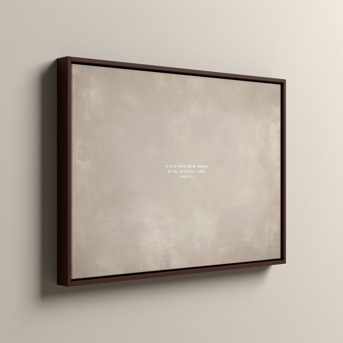 Cashmere Scripture canvas in a walnut floating frame, side view
