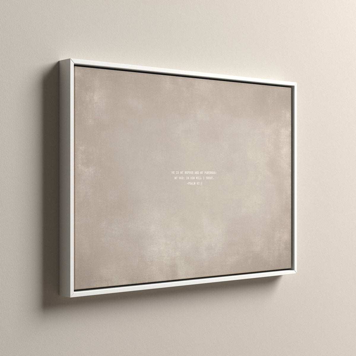 Cashmere Scripture canvas in a white floating frame, side view