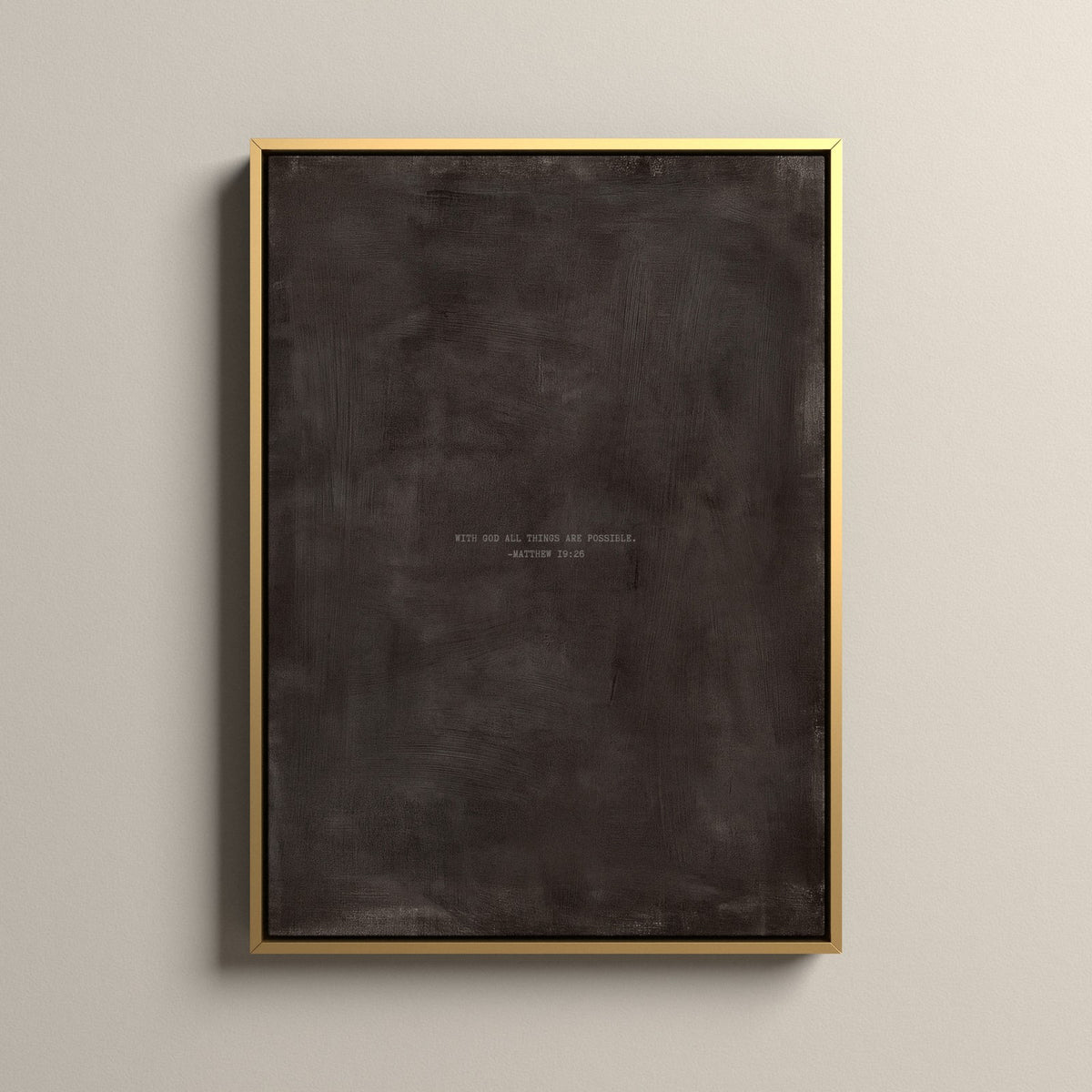 Charcoal Scripture canvas with Matthew 19:26 in a gold floating frame