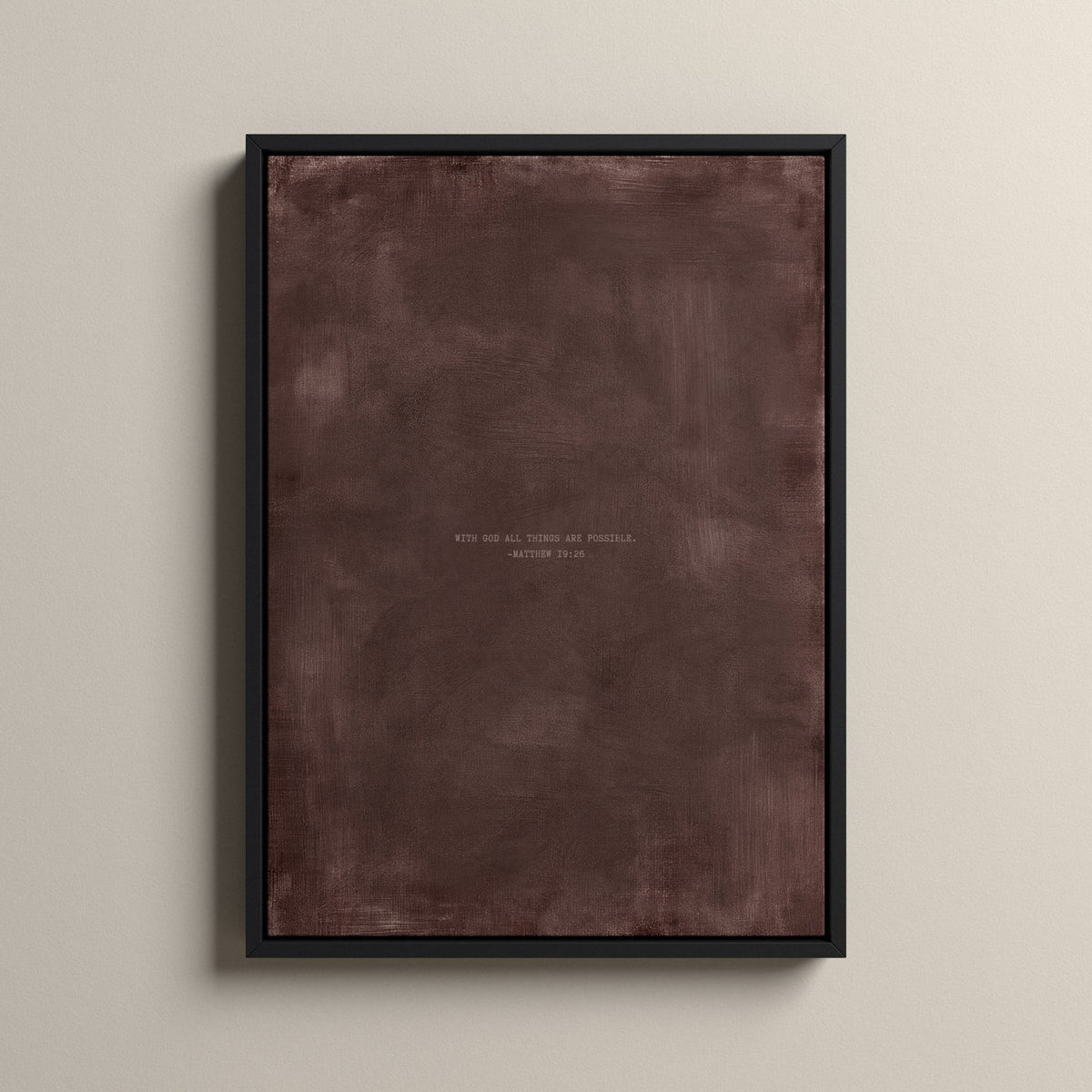 Deep Rose Scripture canvas with Matthew 19:26 in a black floating frame