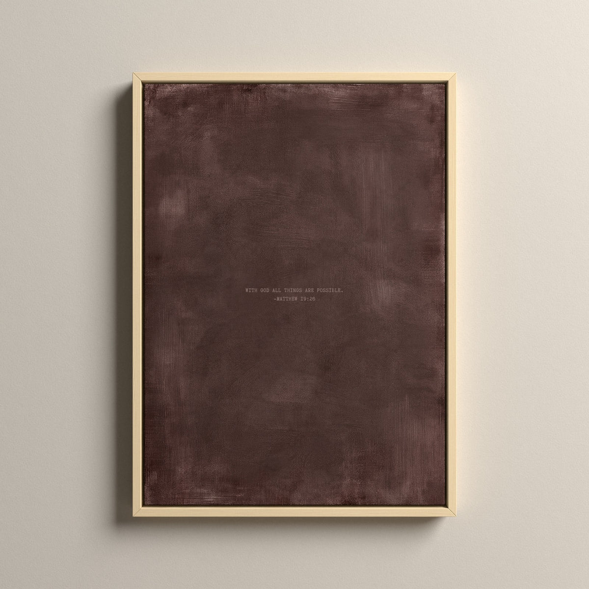 Deep Rose Scripture canvas with Matthew 19:26 in a natural floating frame