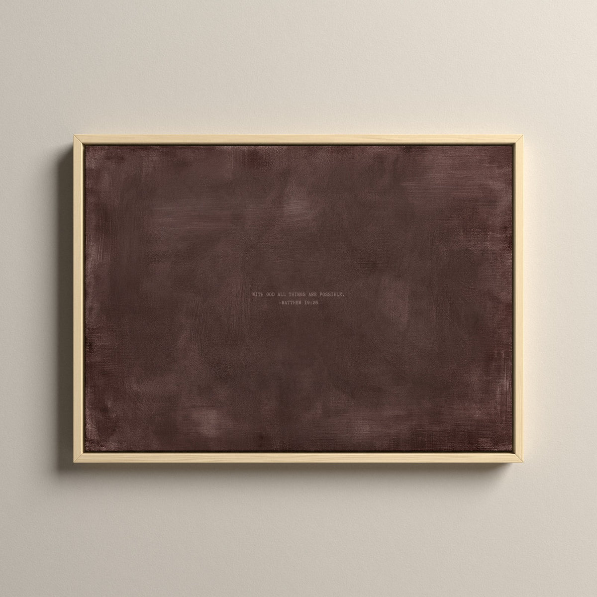 Deep Rose Scripture canvas with Matthew 19:26 in a natural floating frame