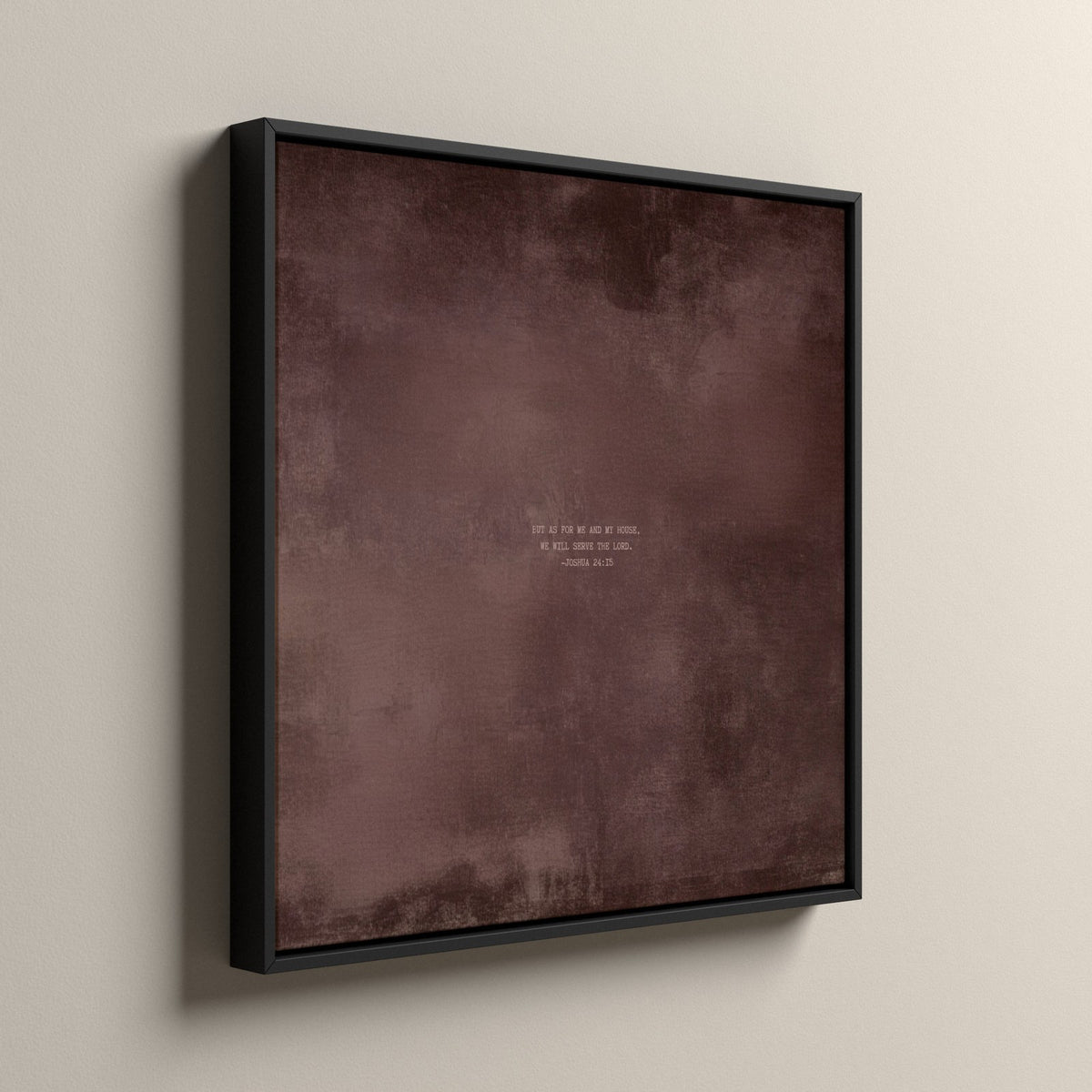Dusty Mauve Scripture canvas, in a black floating frame, side view