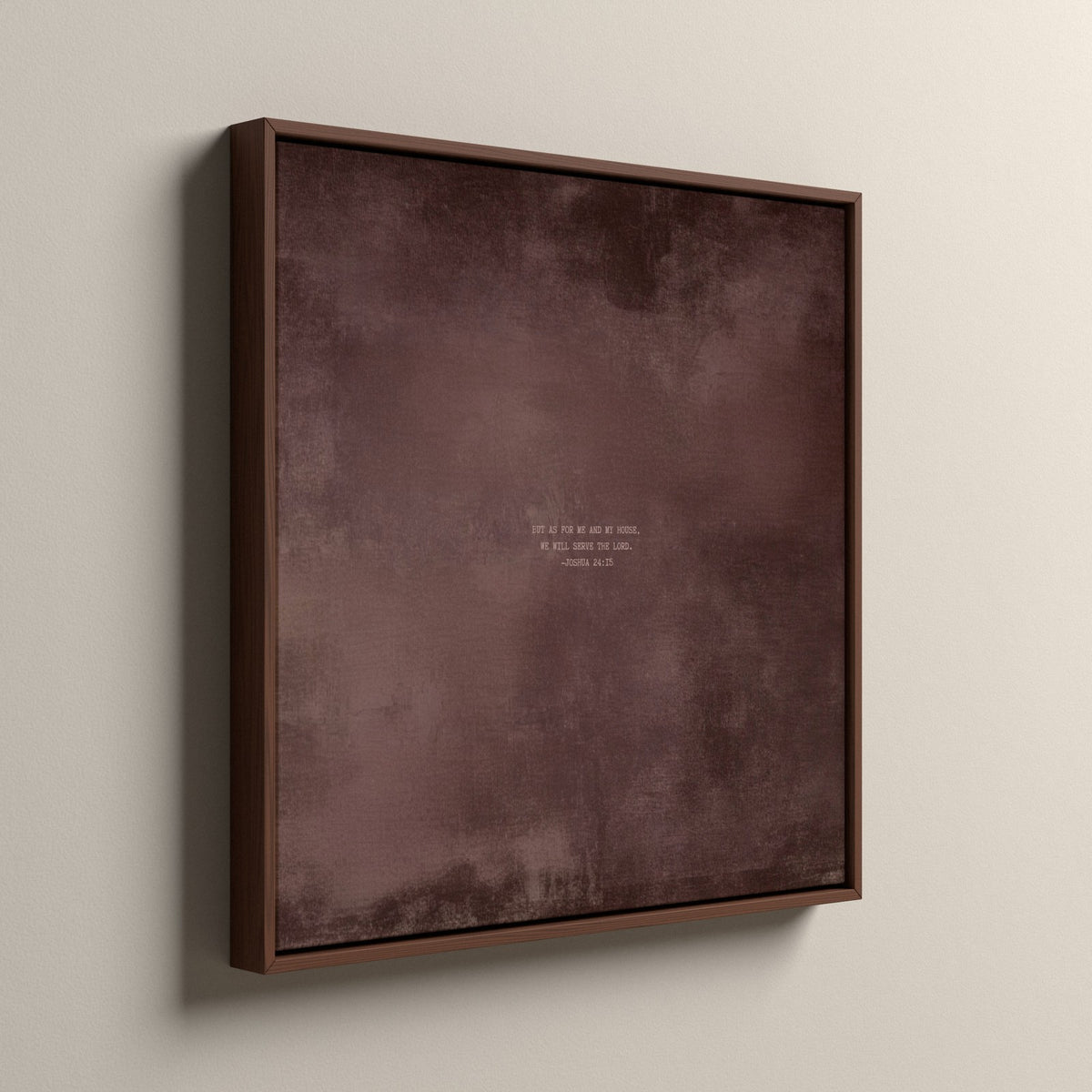 Dusty Mauve Scripture canvas, in an espresso floating frame, side view