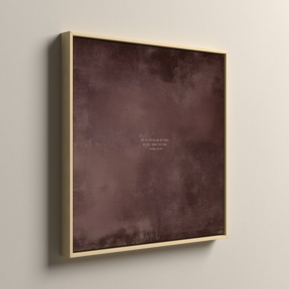 Dusty Mauve Scripture canvas, in a natural floating frame, side view