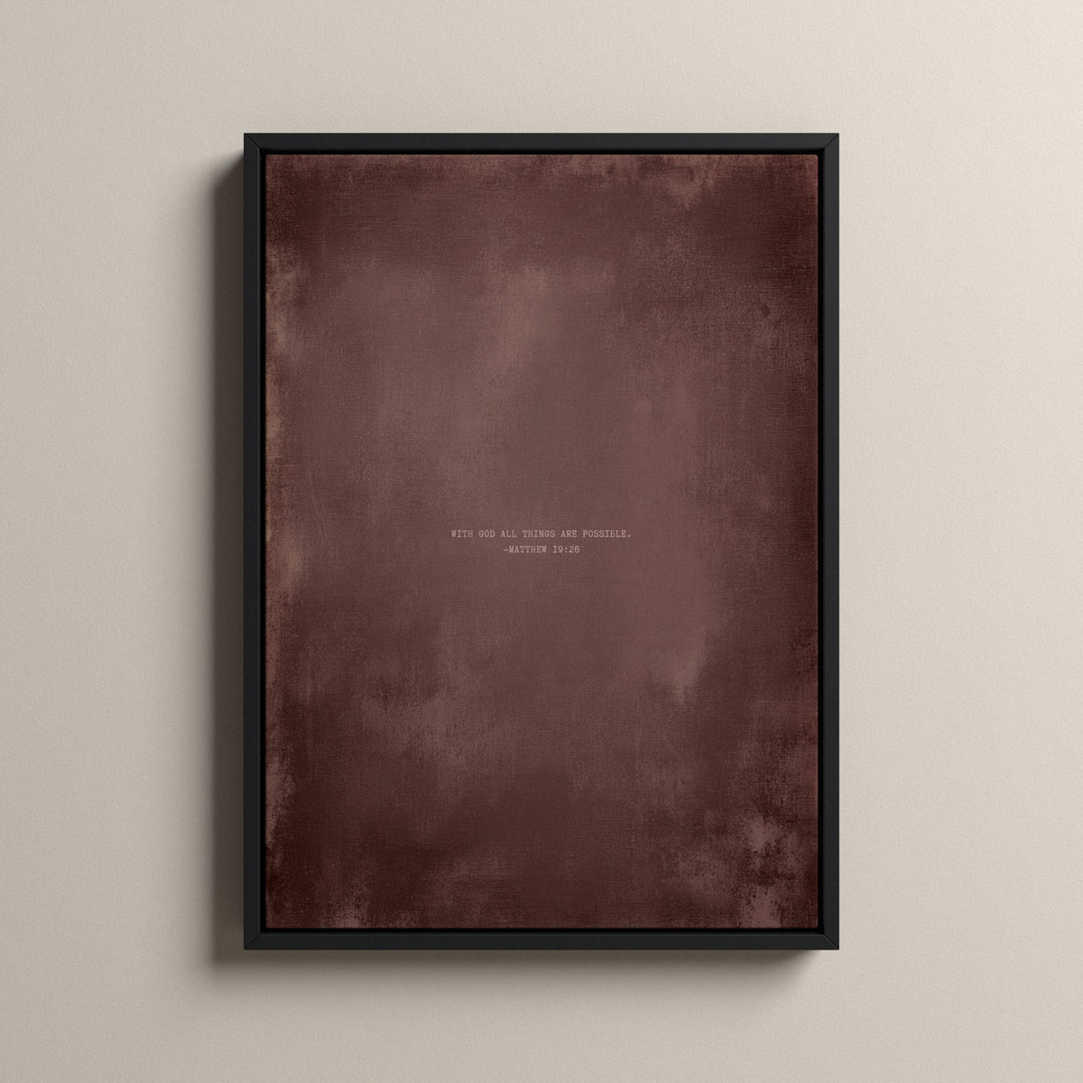 Dusty Mauve Scripture canvas with Matthew 19:26 in a black floating frame
