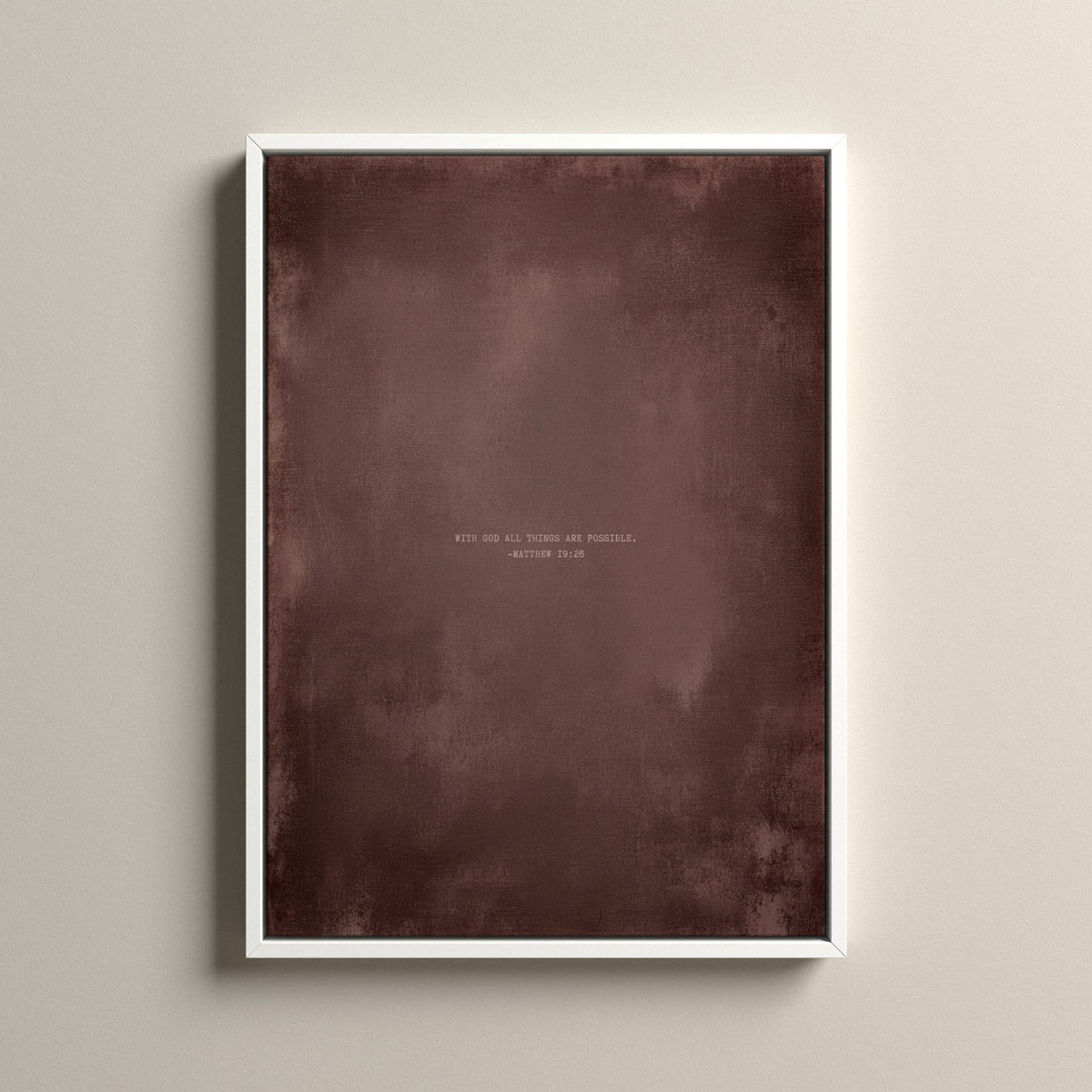 Dusty Mauve Scripture canvas with Matthew 19:26 in a white floating frame