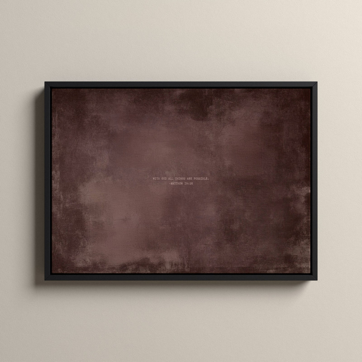 Dusty Mauve Scripture canvas with Matthew 19:26 in a black floating frame