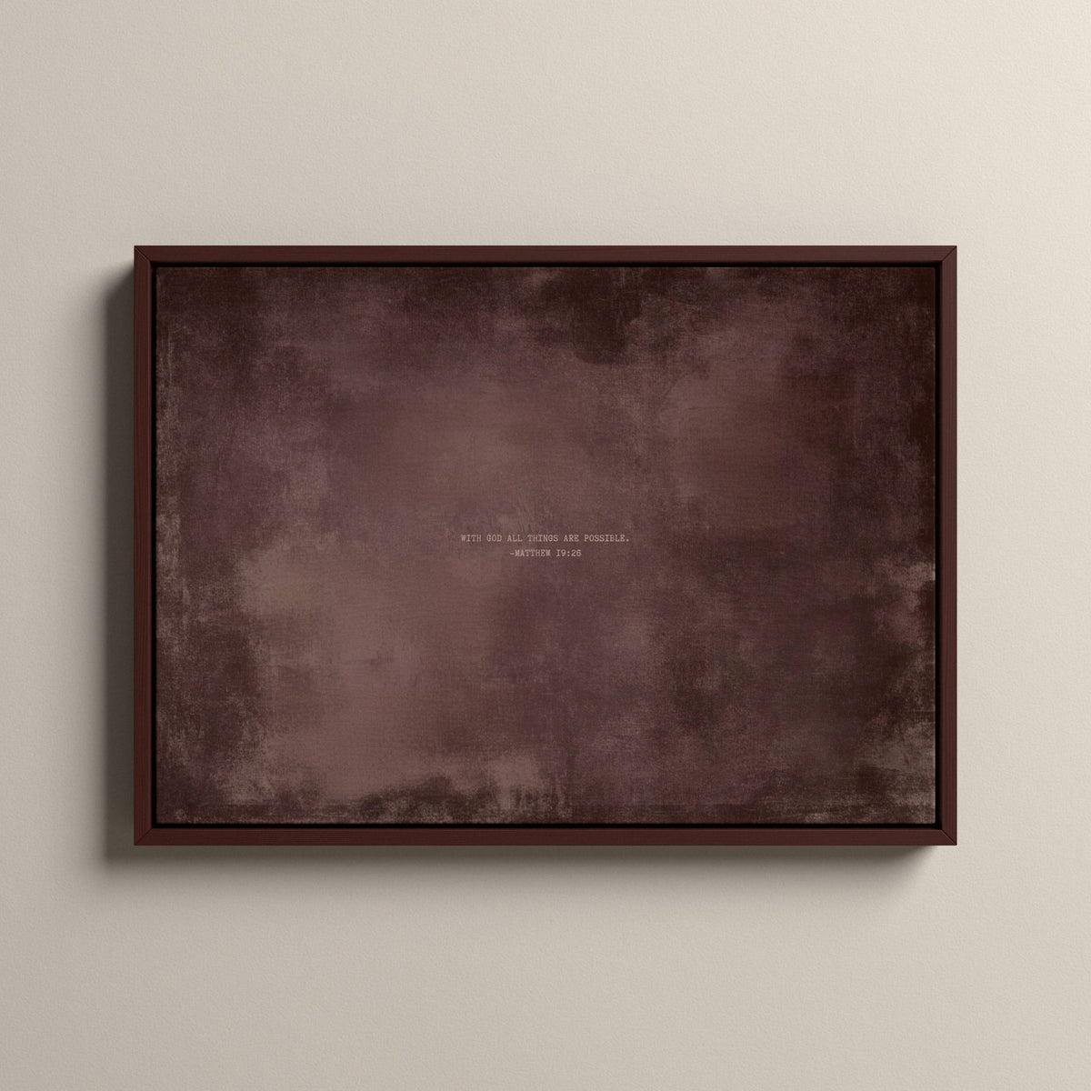 Dusty Mauve Scripture canvas with Matthew 19:26 in a walnut floating frame