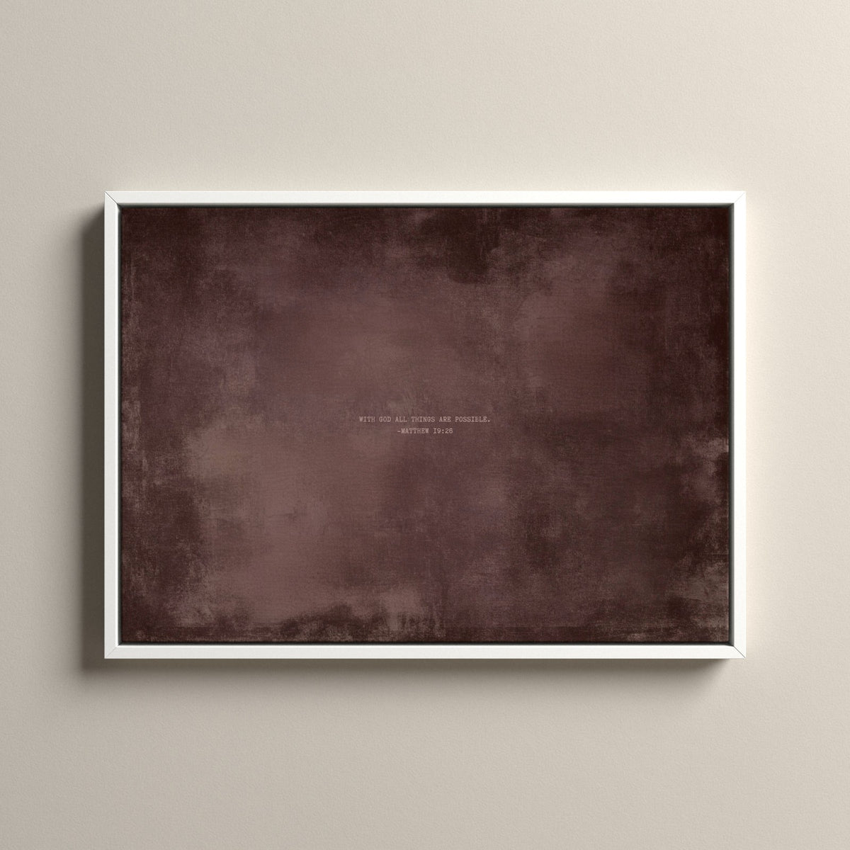 Dusty Mauve Scripture canvas with Matthew 19:26 in a white floating frame