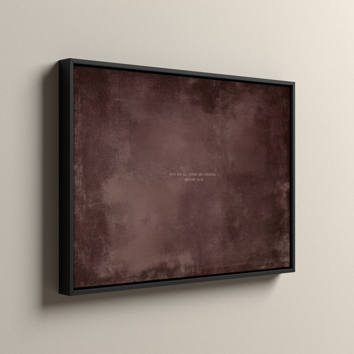Dusty Mauve Scripture canvas in a black floating frame, side view