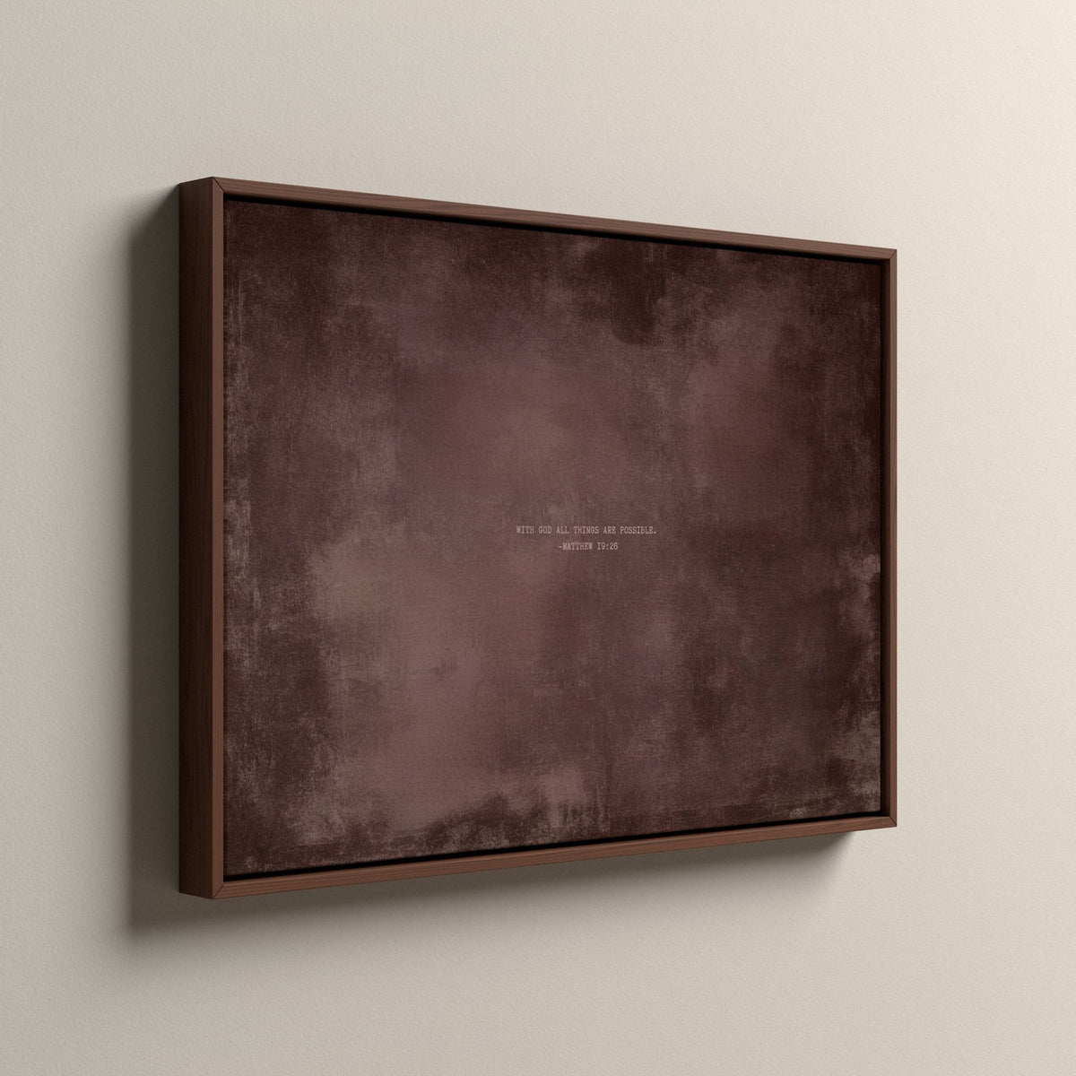 Dusty Mauve Scripture canvas in an espresso floating frame, side view