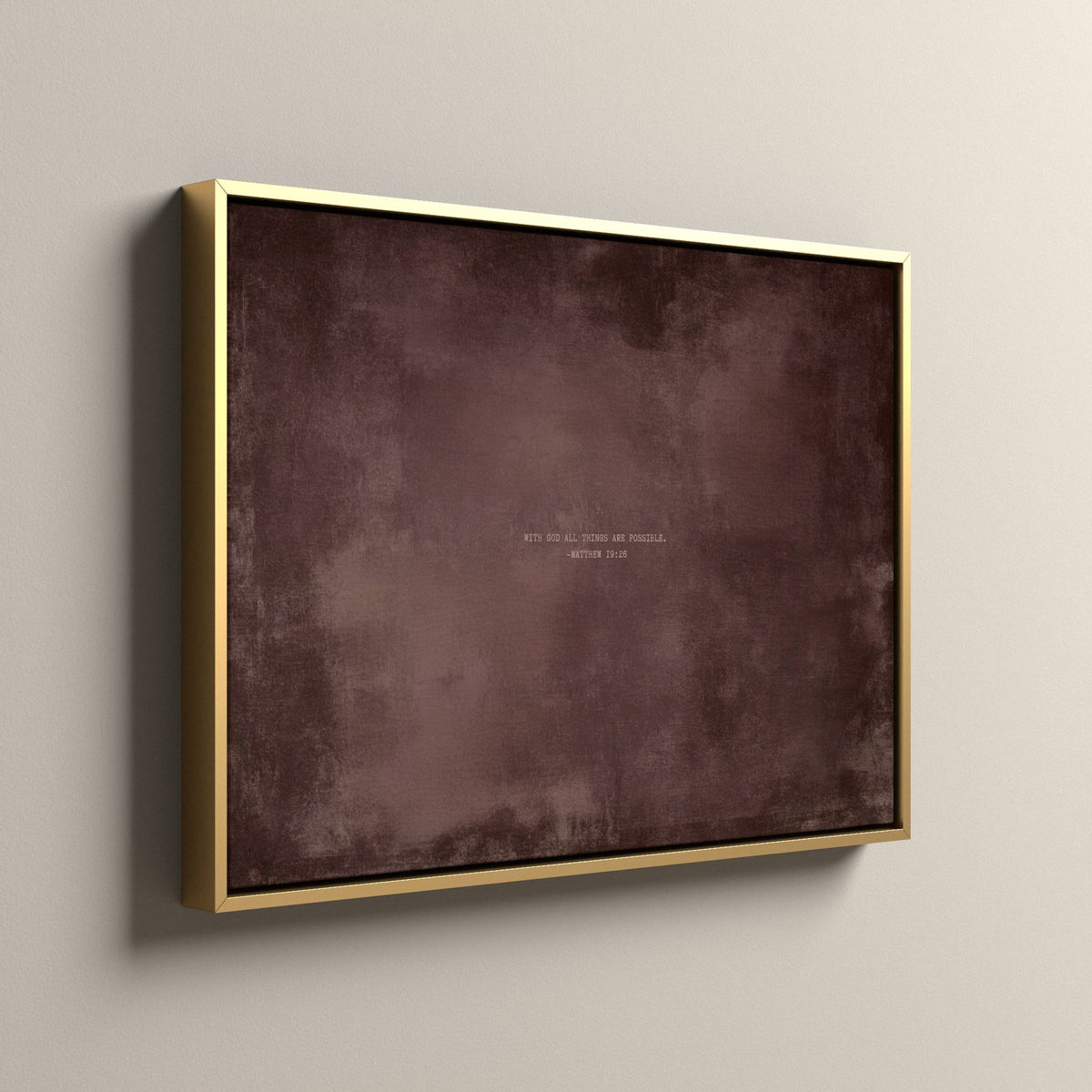 Dusty Mauve Scripture canvas in a gold floating frame, side view
