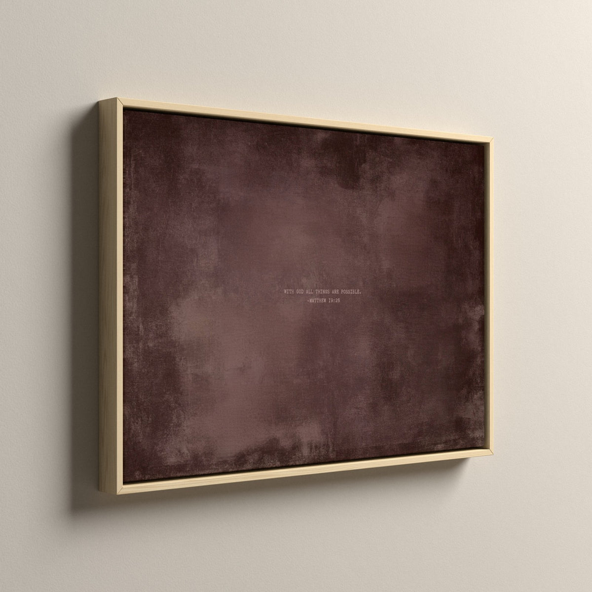 Dusty Mauve Scripture canvas in a natural floating frame, side view