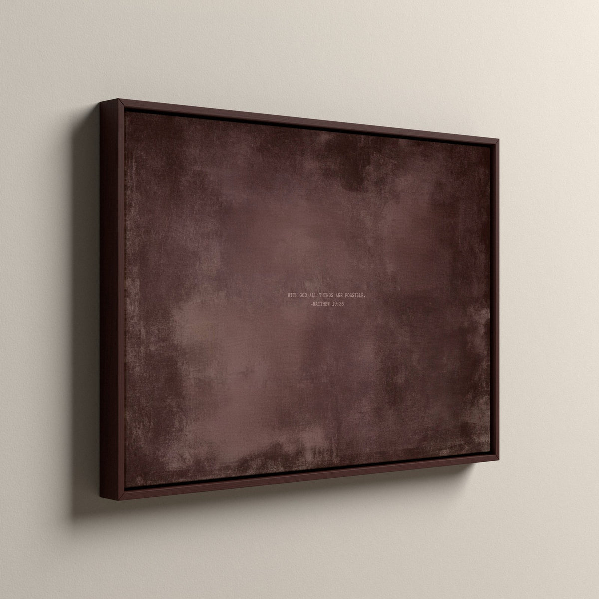 Dusty Mauve Scripture canvas in a walnut floating frame, side view