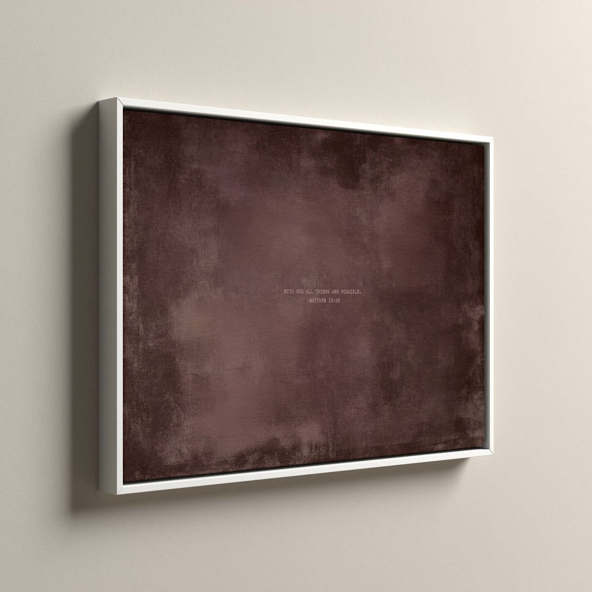 Dusty Mauve Scripture canvas in a white floating frame, side view