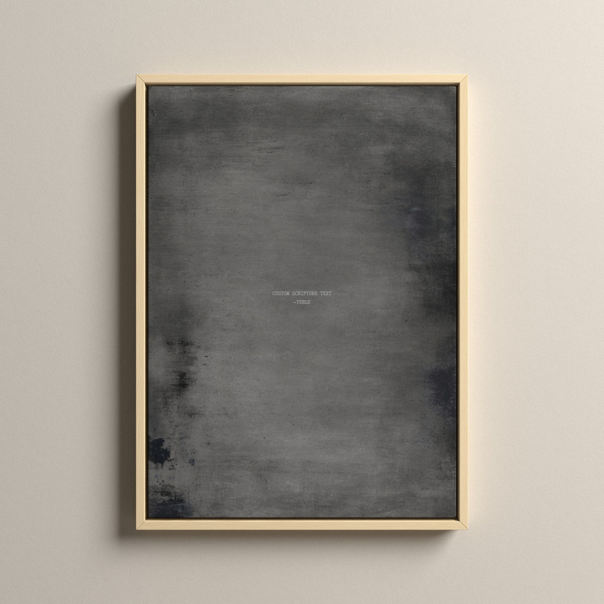 Graphite Scripture canvas with your own verse in a natural floating frame