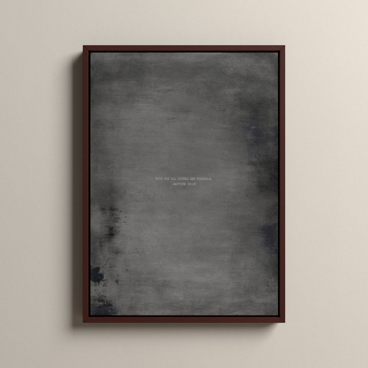 Graphite Scripture canvas with Matthew 19:26 in a walnut floating frame