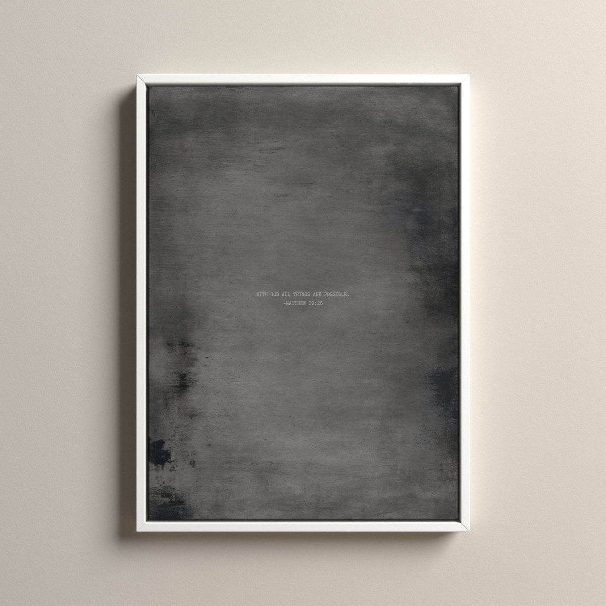 Graphite Scripture canvas with Matthew 19:26 in a white floating frame