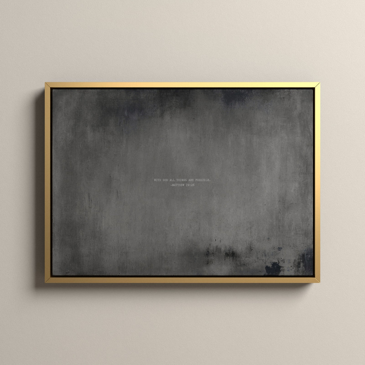 Graphite Scripture canvas with Matthew 19:26 in a gold floating frame