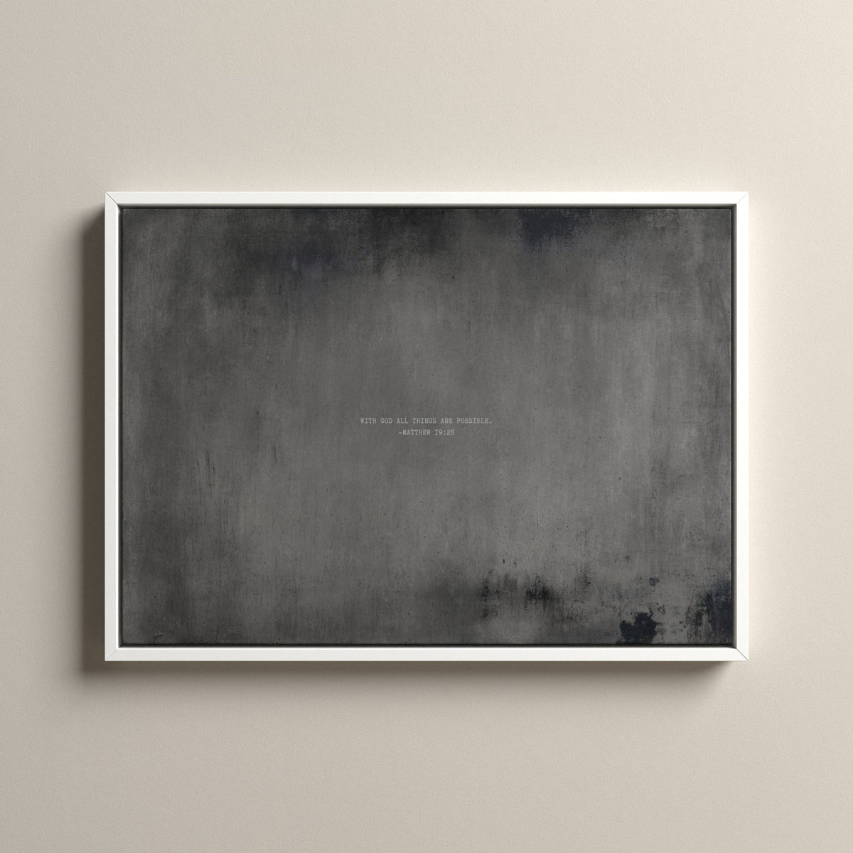 Graphite Scripture canvas with Matthew 19:26 in a white floating frame