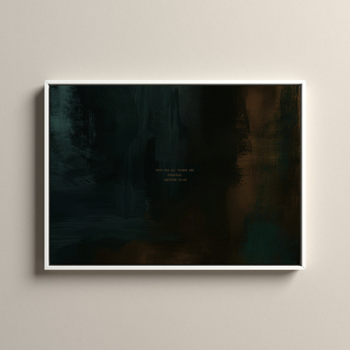 Moss Scripture canvas with Matthew 19:26 in a white floating frame