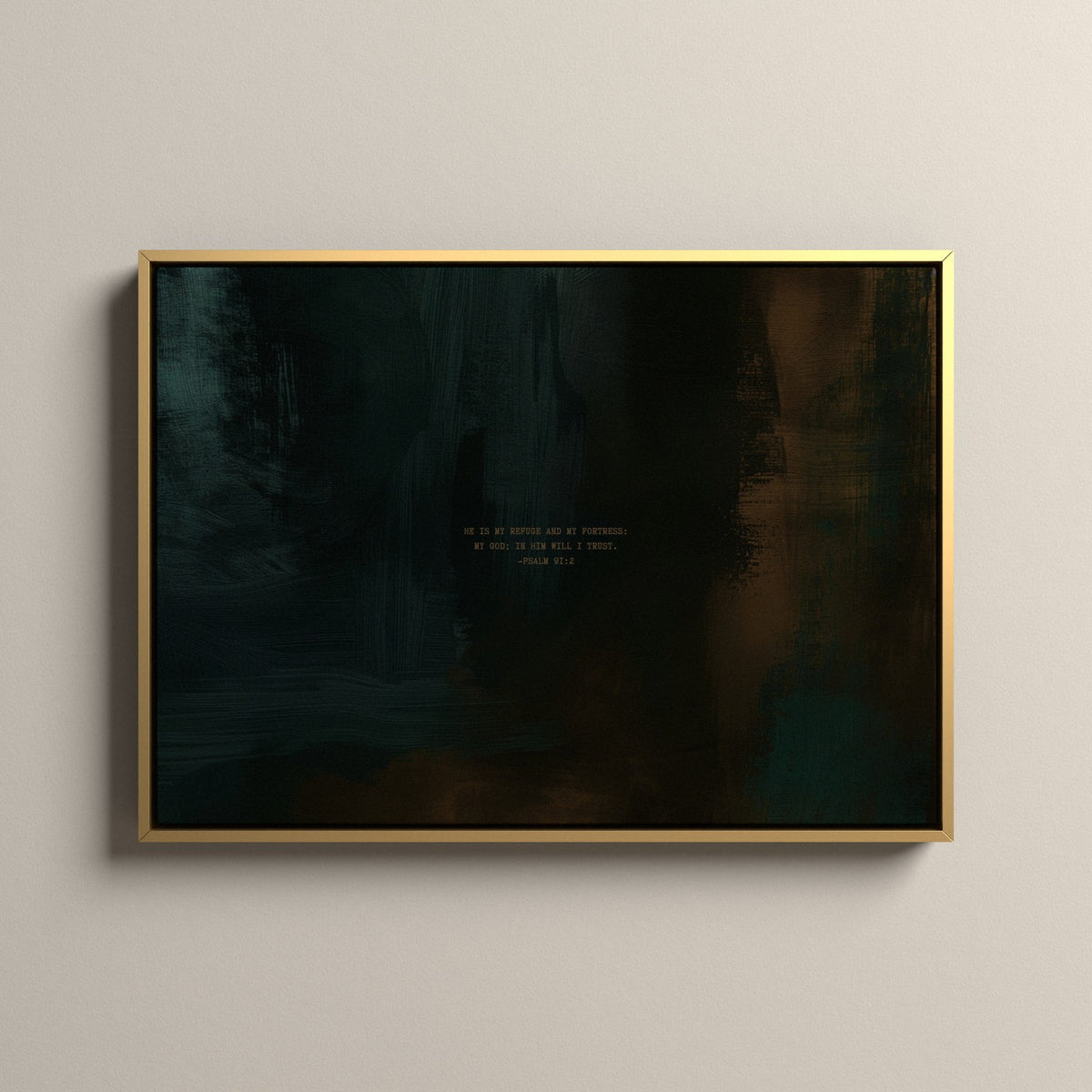 Moss Scripture canvas with Psalm 91:2 in a gold floating frame