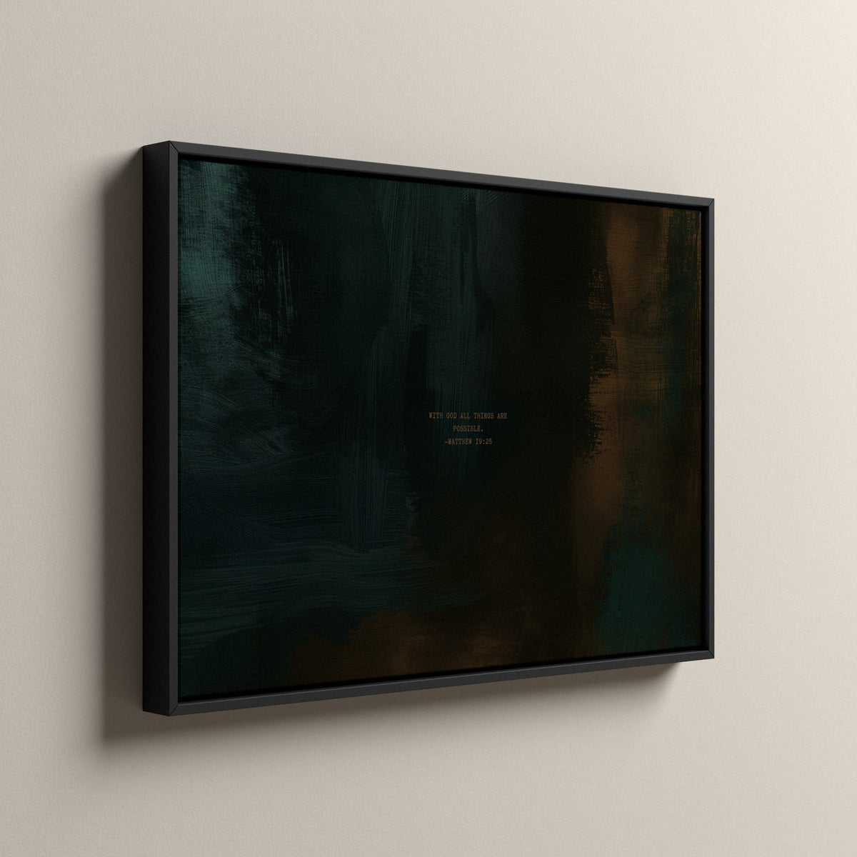 Moss Scripture canvas in a black floating frame, side view