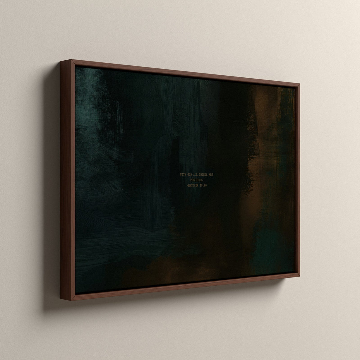 Moss Scripture canvas in an espresso floating frame, side view