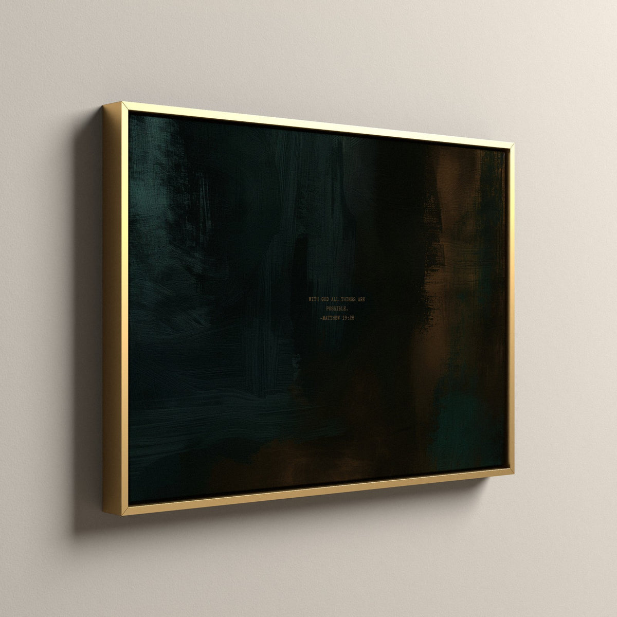 Moss Scripture canvas in a gold floating frame, side view