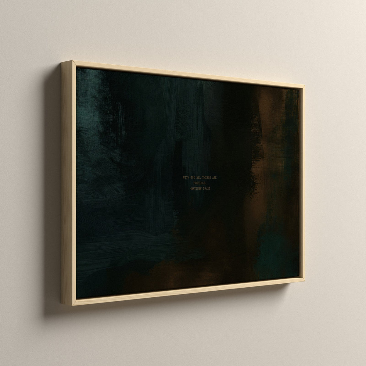 Moss Scripture canvas in a natural floating frame, side view