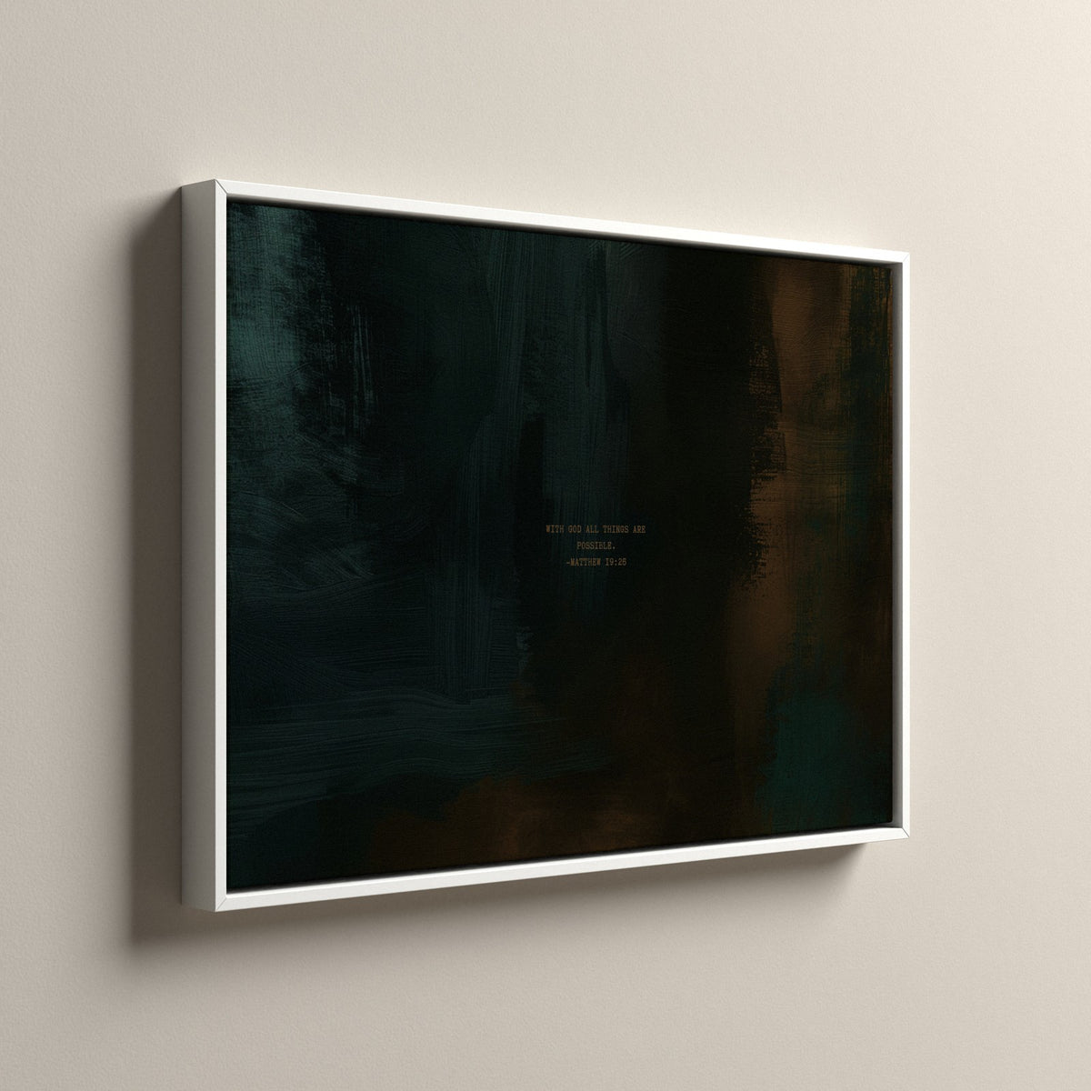 Moss Scripture canvas in a white floating frame, side view