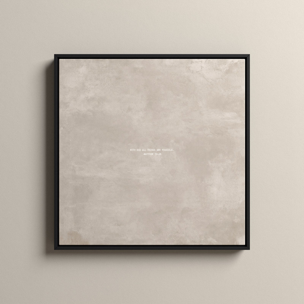Oat Scripture canvas with Matthew 19:26, in a black floating frame