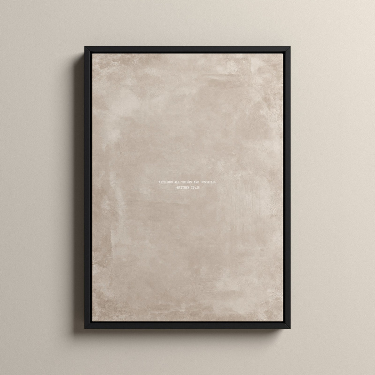 Oat Scripture canvas with Matthew 19:26 in a black floating frame