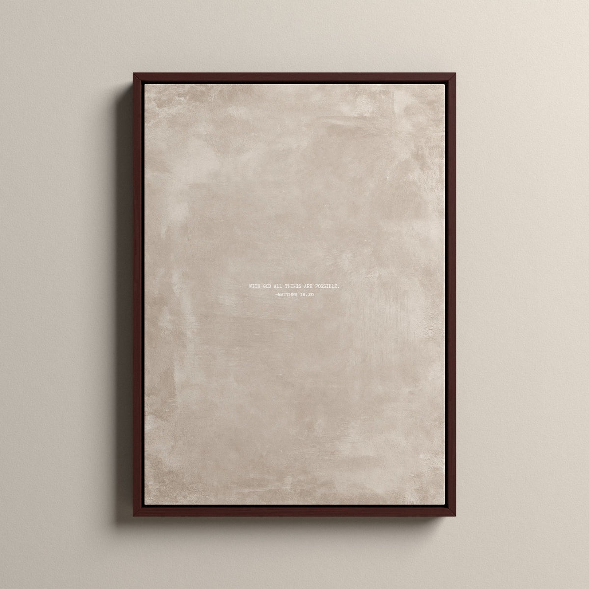 Oat Scripture canvas with Matthew 19:26 in a walnut floating frame