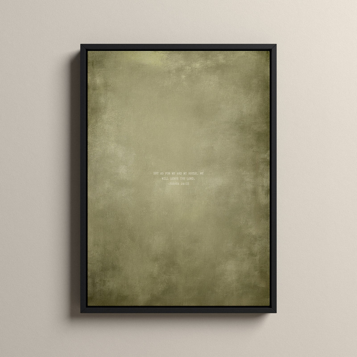 Olive Scripture canvas with Joshua 24:15 in a black floating frame
