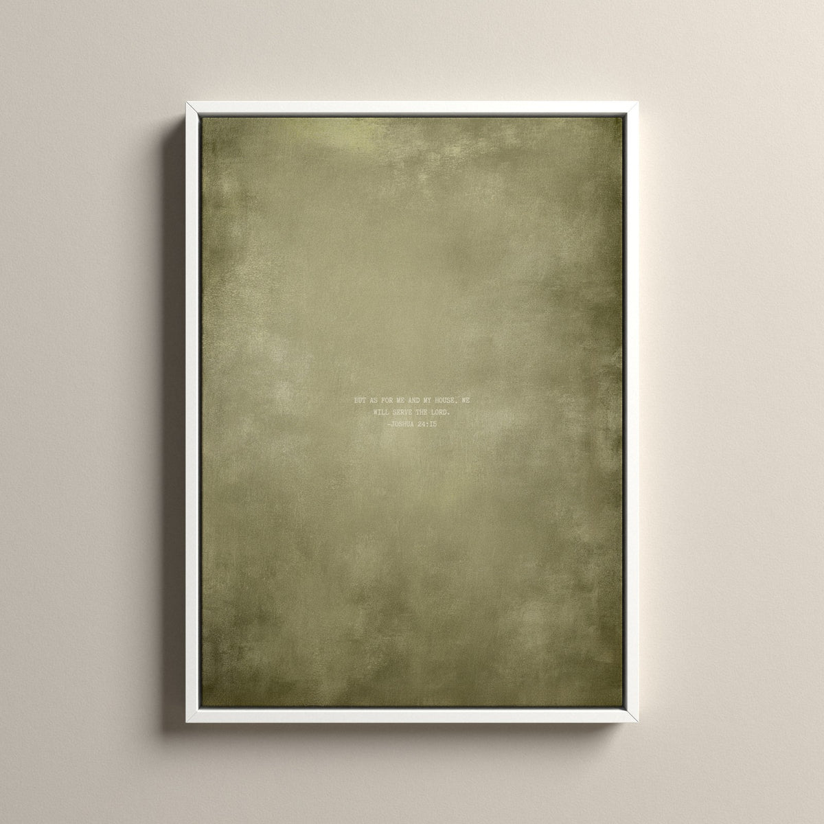 Olive Scripture canvas with Joshua 24:15 in a white floating frame