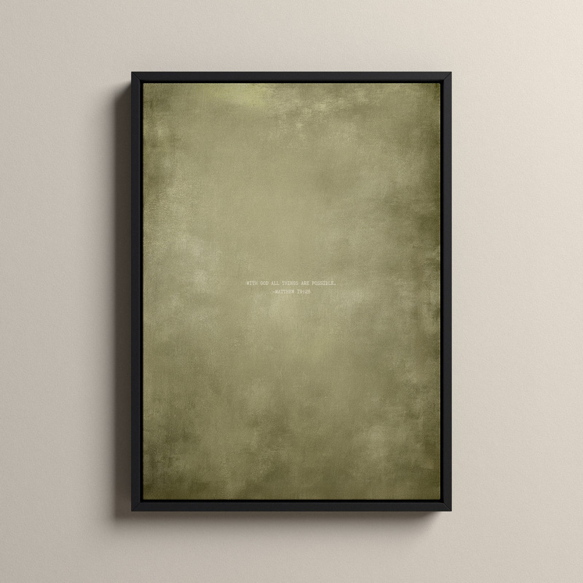 Olive Scripture canvas with Matthew 19:26 in a black floating frame