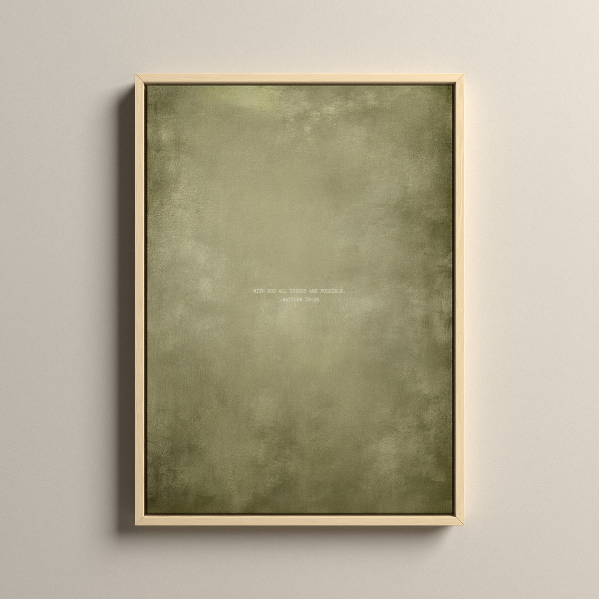 Olive Scripture canvas with Matthew 19:26 in a natural floating frame