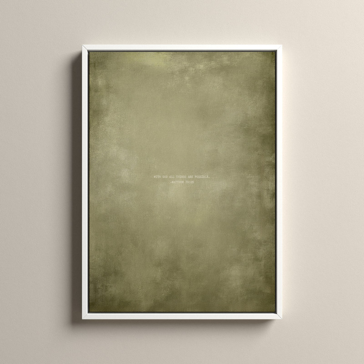 Olive Scripture canvas with Matthew 19:26 in a white floating frame