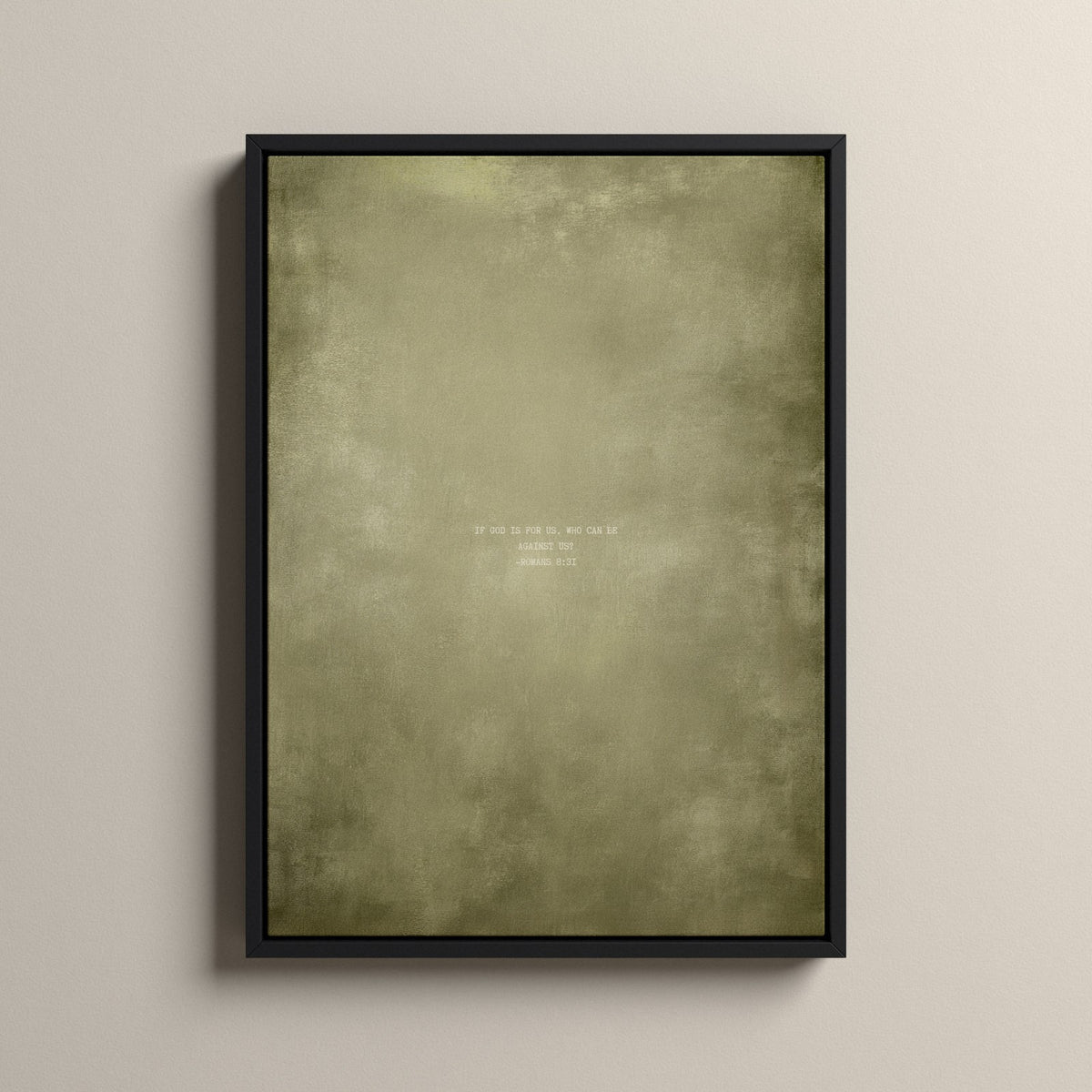 Olive Scripture canvas with Romans 8:31 in a black floating frame