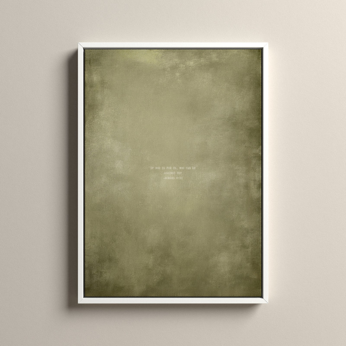 Olive Scripture canvas with Romans 8:31 in a white floating frame
