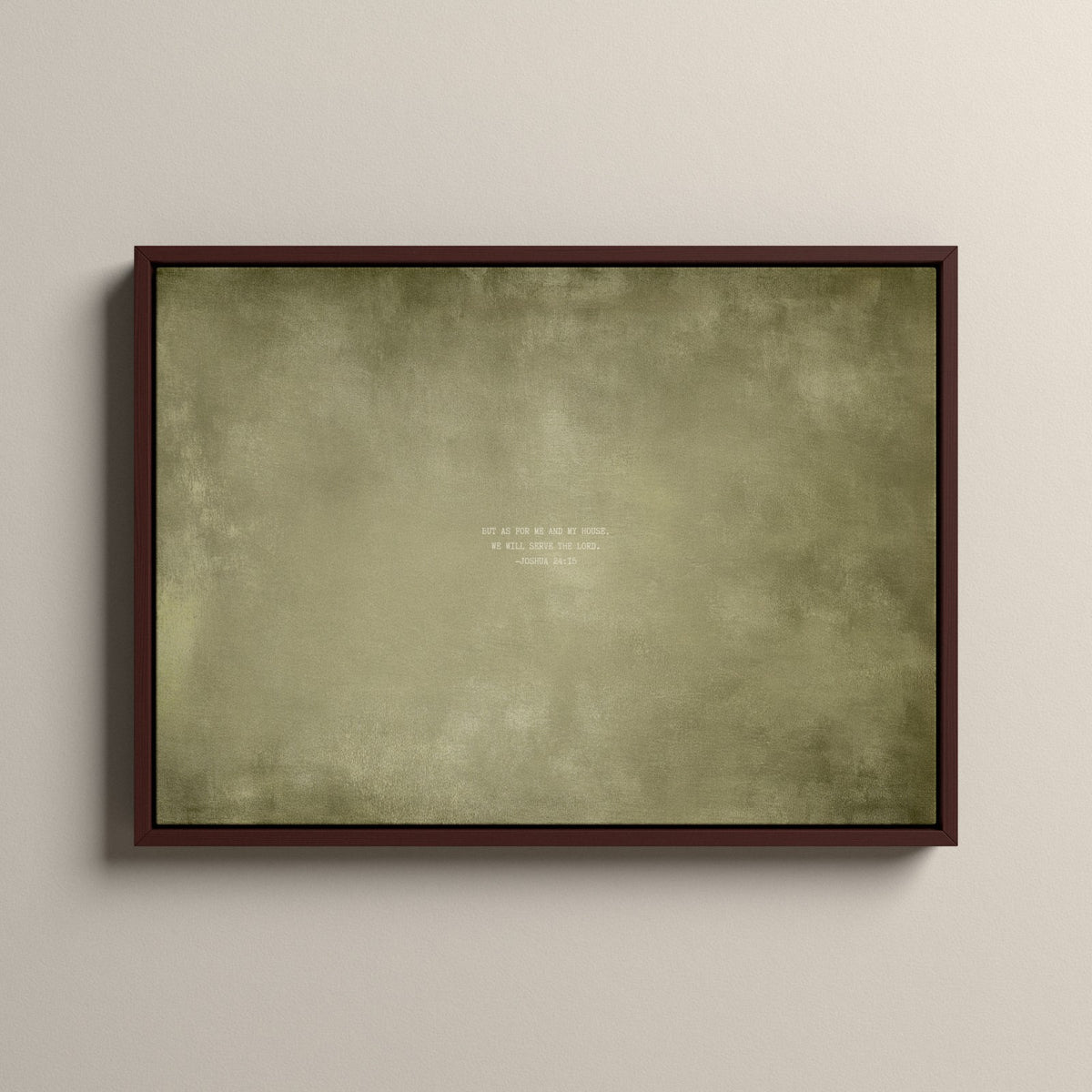 Olive Scripture canvas with Joshua 24:15 in a walnut floating frame