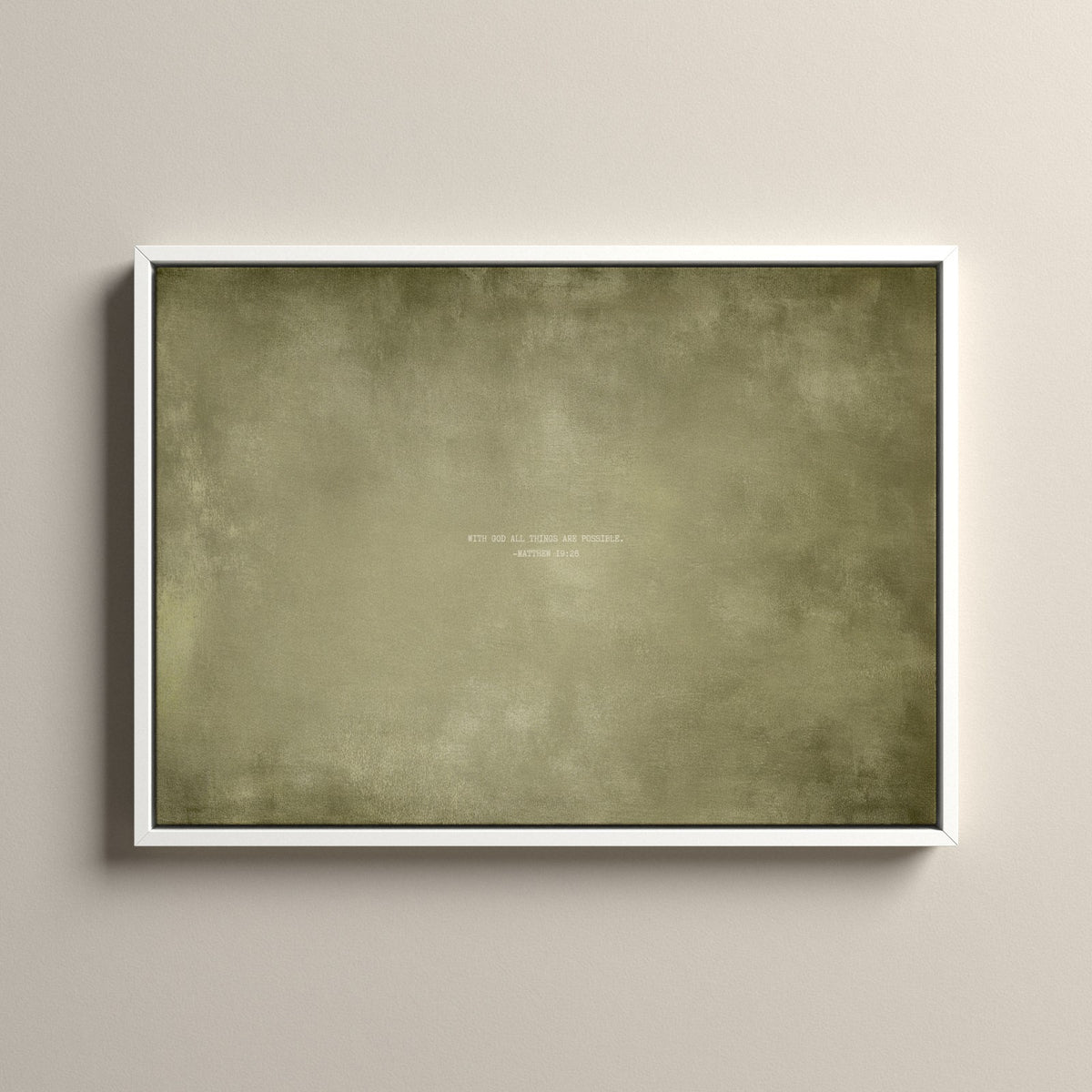 Olive Scripture canvas with Matthew 19:26 in a white floating frame