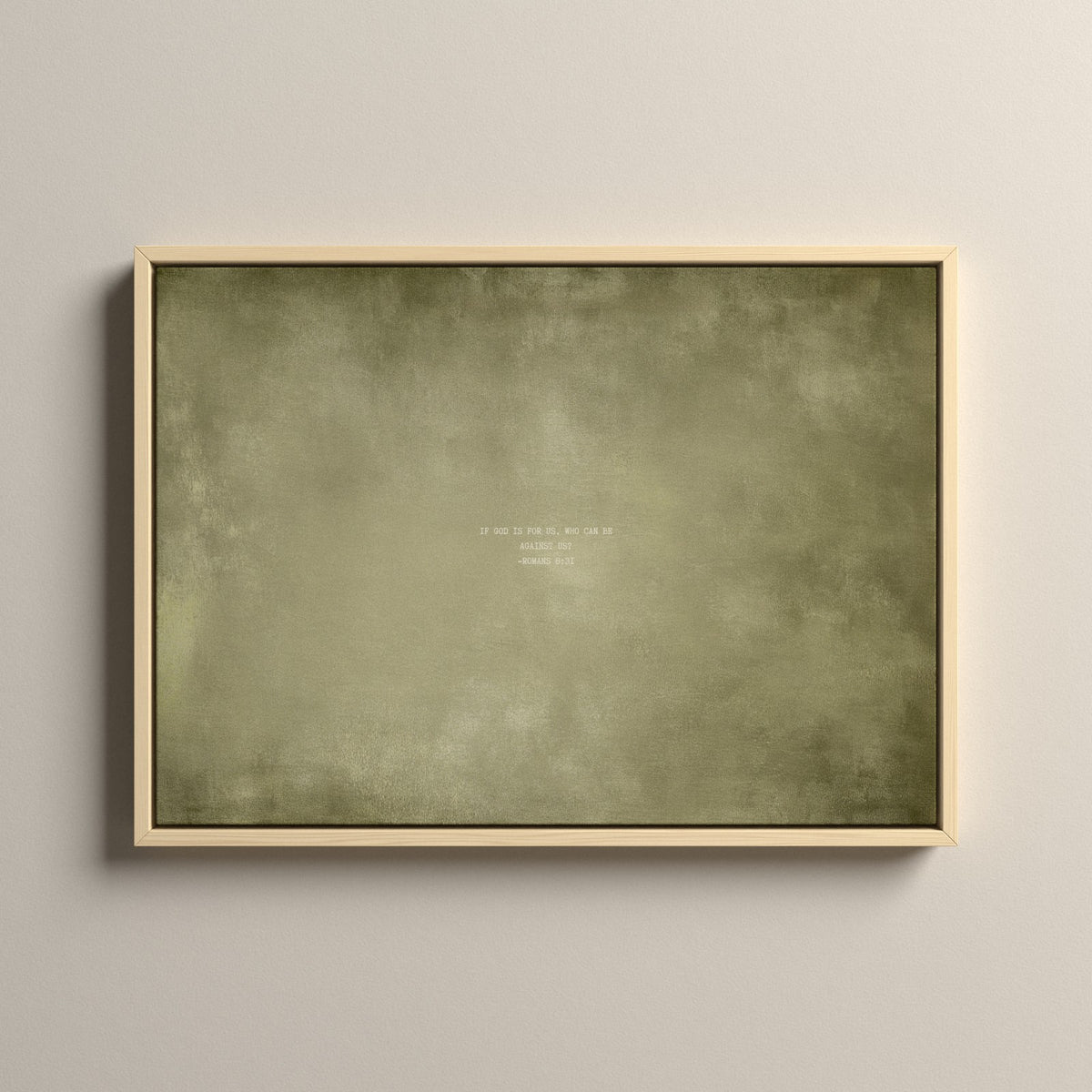Olive Scripture canvas with Romans 8:31 in a natural floating frame