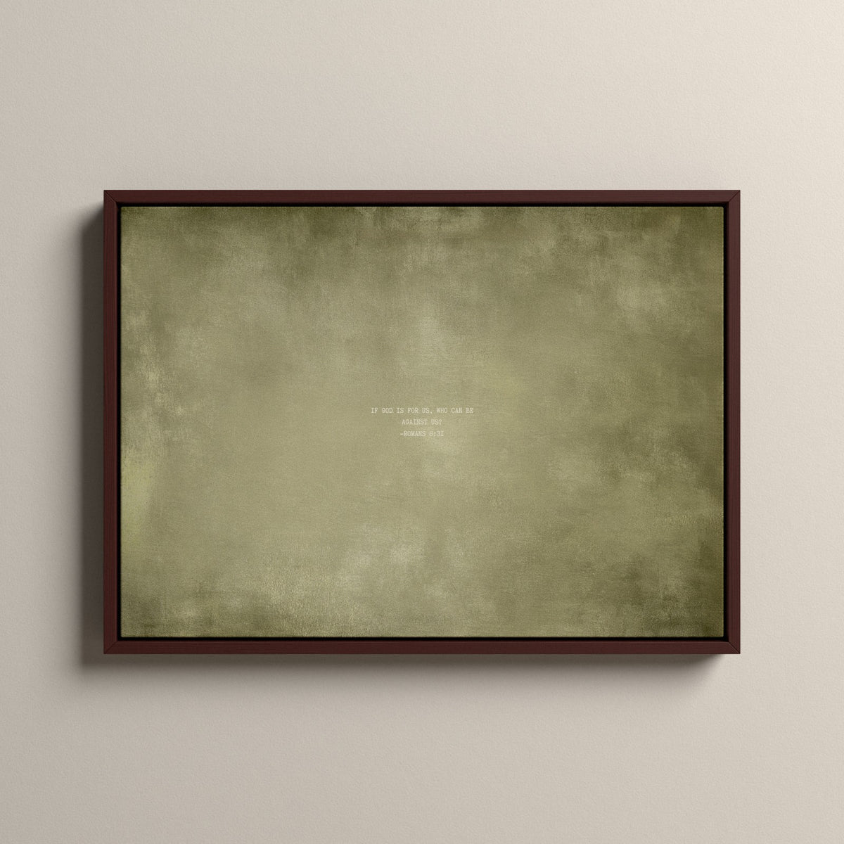 Olive Scripture canvas with Romans 8:31 in a walnut floating frame